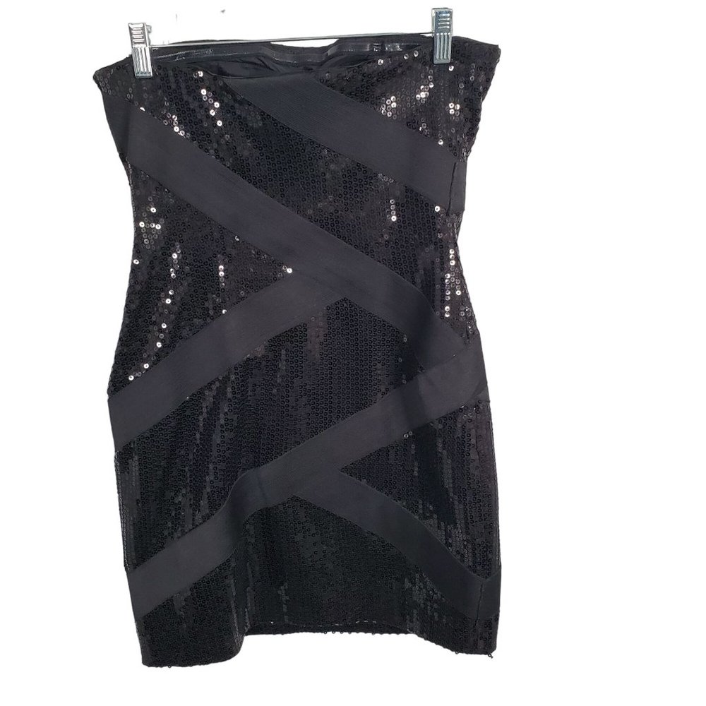 JS Collections Size 8 Dress Strapless Mini All Over Sequins Bandage Ribbon Black - Picture 3 of 15
